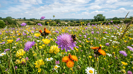 Obraz premium Vibrant wildflower meadow under a bright blue sky with fluffy clouds and distant hills.