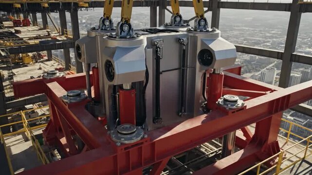 Massive seismic damper being lowered into place during high-rise building construction