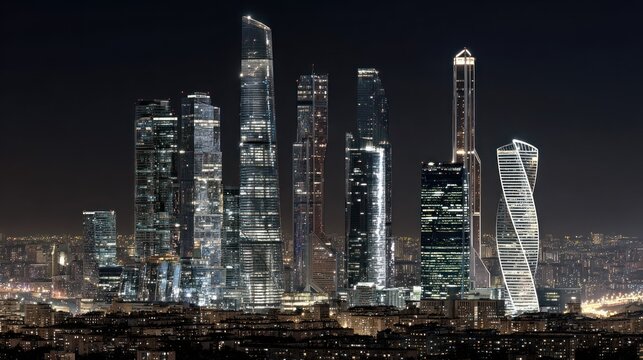 Illuminated modern skyscrapers dominate the urban landscape against a dark night sky