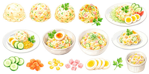 ポテトサラダのイラストセット,水彩風のお惣菜と家庭料理メニュー,ポテサラとトッピング具材パーツ素材集,手描きフードベクター © DROP DESIGN STUDIO