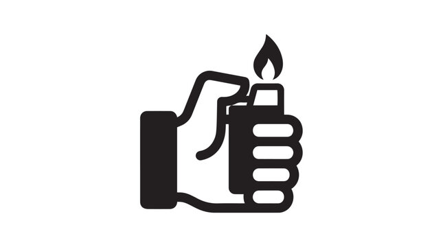 Minimalist black icon showing a hand holding a lit cigarette lighter with a small flame