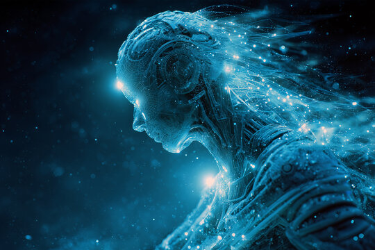 Conceptual Human Mind and Soul Geometry with Blue Energy Light and Abstract Head Illustration