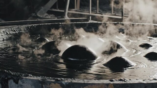 Steam rising from a hot tar kettle, atmospheric close-ups of industrial processes and bubbling liquid in production