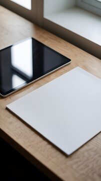 Blank White Paper Sheets Stacked on Desk, Office Document Mockup Background. High-quality realistic photograph featuring multiple stacks of blank white paper sheets arranged on a clean desk. 