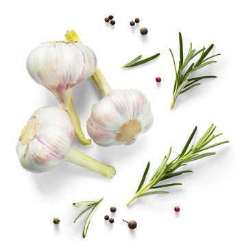 art Italian food design element isolated on transparent background with photorealistic neutral transparent shadows suitable for overlaying on any color background. garlic rosemary leaves