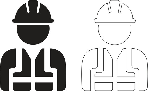Construction worker icon set with hard hat and safety vest in solid black silhouette and outline linear vector.