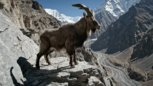 Majestic Markhor with Spiraling Horns Navigates Rocky Mountain Terrain Under a Clear Blue Sky