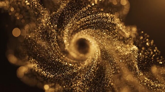 Abstract golden particles swirling in a spiral formation, artistic background.