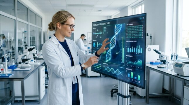 Female scientist analyzing DNA data screen.