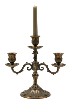 Ornate Brass Candelabra with Single Candle Isolated