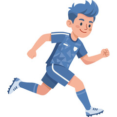 Obraz premium A young boy runs quickly in a blue soccer uniform on field