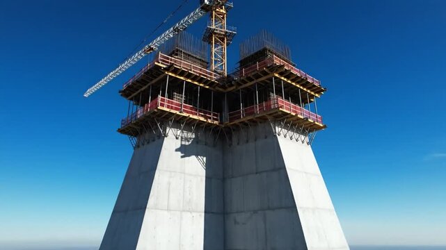 Massive skyscraper core structure under construction reaching its zenith against a clear blue sky