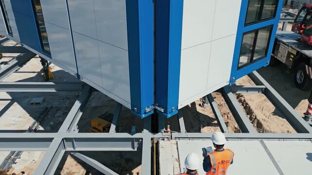 Prefabricated modular unit hoisted into place by crane, workers inspect installation on steel framework at construction site
