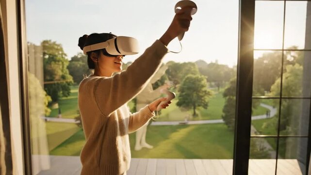 Woman immersed in virtual reality gaming experience with VR headset and controllers.