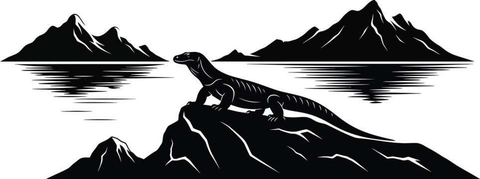 Silhouette illustration of a Komodo dragon on a rocky landscape overlooking mountains and water