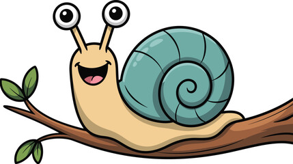 Cute Cartoon Snail Character Vector Illustration Featuring a Happy Smiling Snail with a Blue Shell Crawling on a Tree Branch with Green Leaves © Rownok