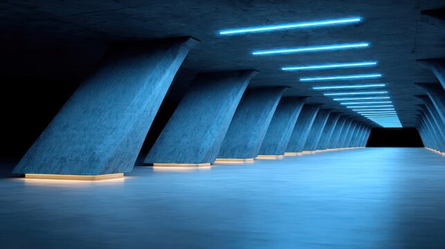 Futuristic concrete corridor features a dramatic perspective with glowing blue light fixtures and warm floor uplighting