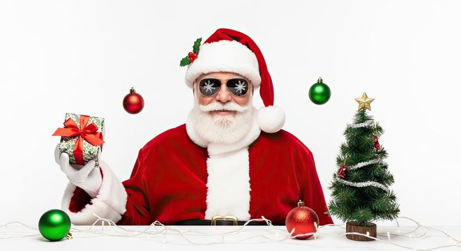 A cheerful Santa Claus holds a wrapped gift and wears sunglasses. He is positioned in front of a small Christmas tree and several ornaments.