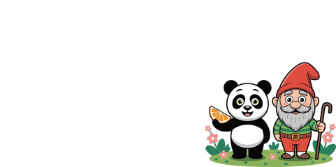 Naklejka premium Cute Cartoon Garden Gnome and Panda Bear Vector Illustration with Orange Fruit Slice Standing on Green Grass with Flowers for Children Book Designs