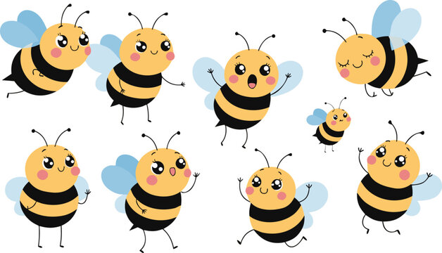 vector art collection of cute honey bee stickers,Set of cartoon  bees flying with dashed line trails. A small bees flying on a dotted route. Wasp collection. Vector characters. Incest icon. Template 