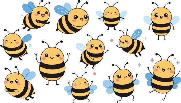 vector art collection of cute honey bee stickers,Set of cartoon  bees flying with dashed line trails. A small bees flying on a dotted route. Wasp collection. Vector characters. Incest icon. Template 