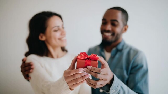 Couple holding a small Valentine&rsquo;s Day gift box together, focus on hands and faces, emotional connection, clean neutral background, real photo look, not cinematic, ultra sharp