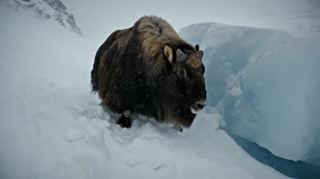 Majestic Muskox Navigates a Treacherous Icy Slope in Arctic Winter Landscape
