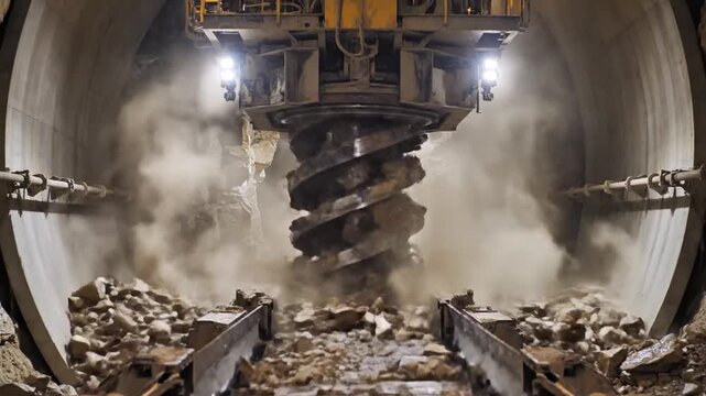 Giant tunneling machine powerfully bores through bedrock, excavating massive amounts of rock for underground construction projects