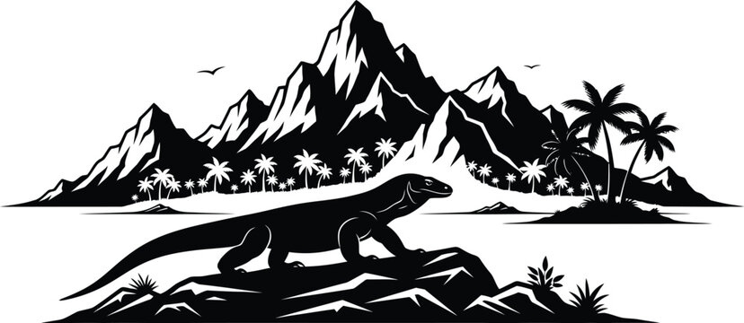 Silhouette illustration of a Komodo dragon on a tropical island mountain landscape