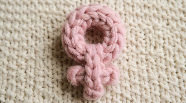 Pink knitted female symbol on fabric.