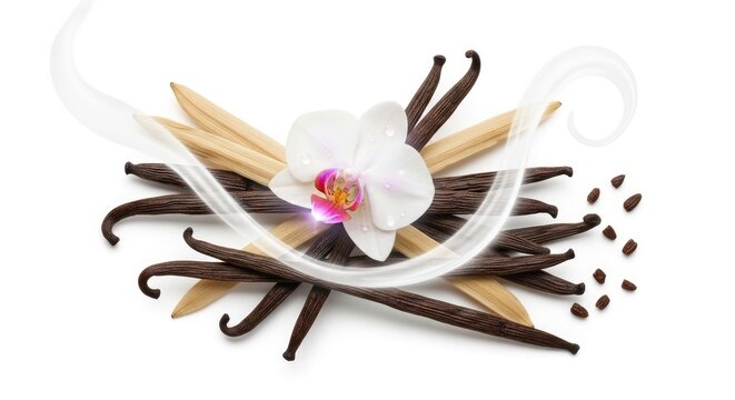 A close-up shot showcases vanilla beans and a white orchid flower against a white background.