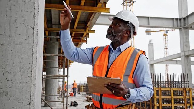 Experienced construction inspector wearing safety vest and hard hat meticulously checks structural integrity with a clipboard at a large building site