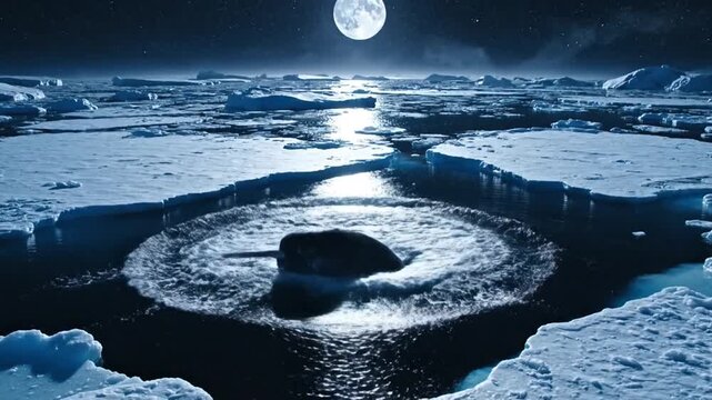Majestic Narwhal Breaches Icy Arctic Water Under Full Moon at Night