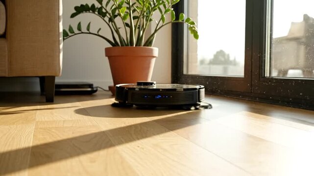Robot vacuum cleaner cleaning wooden floor near a window and plant pot.
