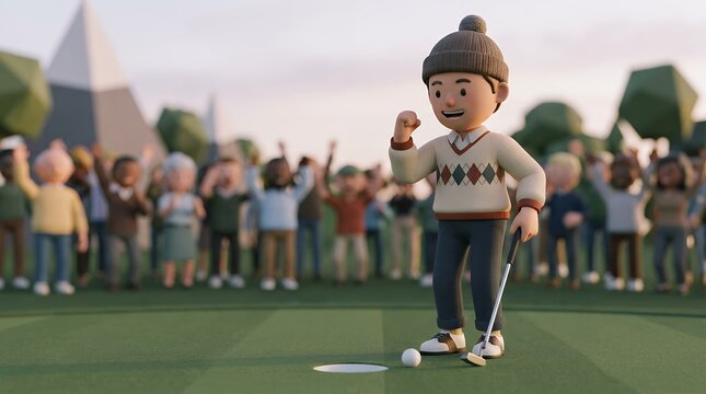 A cartoon character plays golf in front of a crowd.
