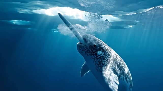 Majestic Narwhal Surfaces for Air in Arctic Ocean Waters Amidst Ice Floes and Sunlight Rays