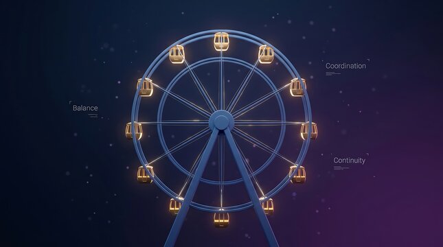 Ferris wheel rotates gracefully against a dark gradient background, functioning as a thematic representation of organizational balance, community cooperation, and synchronized business coordination.