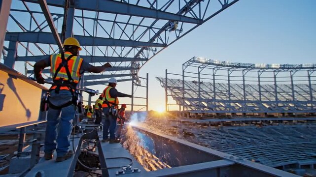 Construction workers in safety gear building a large steel structure at sunrise