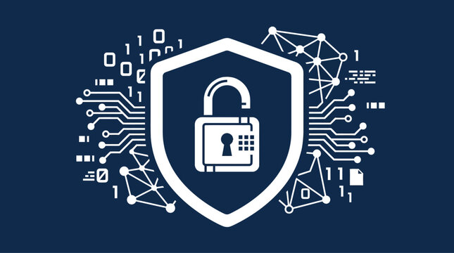 Digital Security and Cybersecurity Concept with Padlock Shield and Network Data Flow