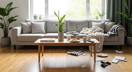 Fototapeta premium Cluttered living room with messy coffee table and scattered belongings