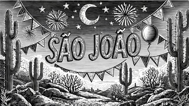 Traditional Brazilian Festa Junina woodcut illustration featuring S&atilde;o Joao text, desert cacti, festive flags, and fireworks under a starry night sky in the classic cordel literature style