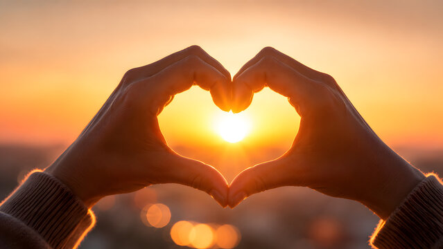 Close up of hands framing a glowing heart against sunset