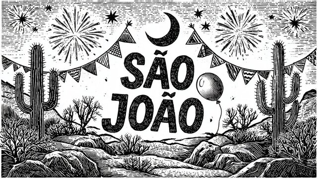 S&atilde;o Joao celebration illustration in traditional Brazilian Cordel woodcut style featuring cacti, fireworks, bunting flags, and a moonlit desert landscape for Festa Junina festivities