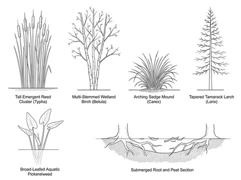 Section of a minimal cad style ink drawing of cattail reed cluster on white background
