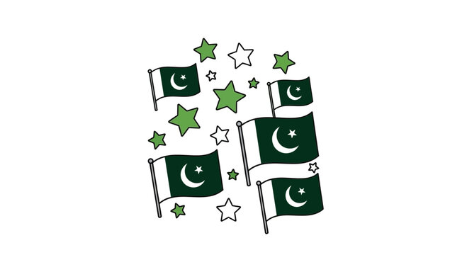 Set of hand drawn Pakistan flags and stars doodle illustration.