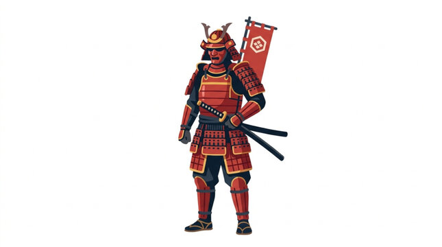 Japanese Samurai Warrior in Traditional Armor and Helmet.