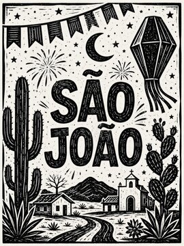 Traditional S&atilde;o Joao woodcut illustration for Festa Junina celebration in Brazil featuring a rural landscape with cacti, a church, paper lanterns, and festive bunting flags under a starry night sky