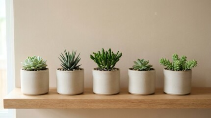 Fototapeta premium Small succulent plants on wooden shelf.