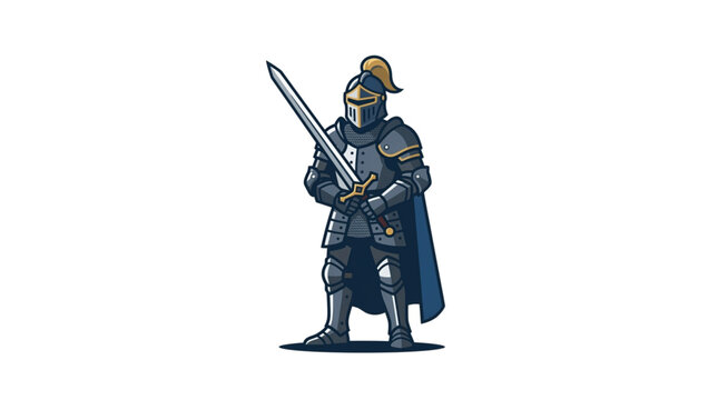 Medieval Knight Warrior in Full Armor Holding Sword.