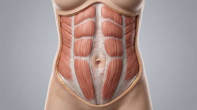 Anatomical 3D rendering of the anterior abdominal wall of the female body, showing moderate divergence of the rectus abdominis muscles in the prenatal or postpartum period.